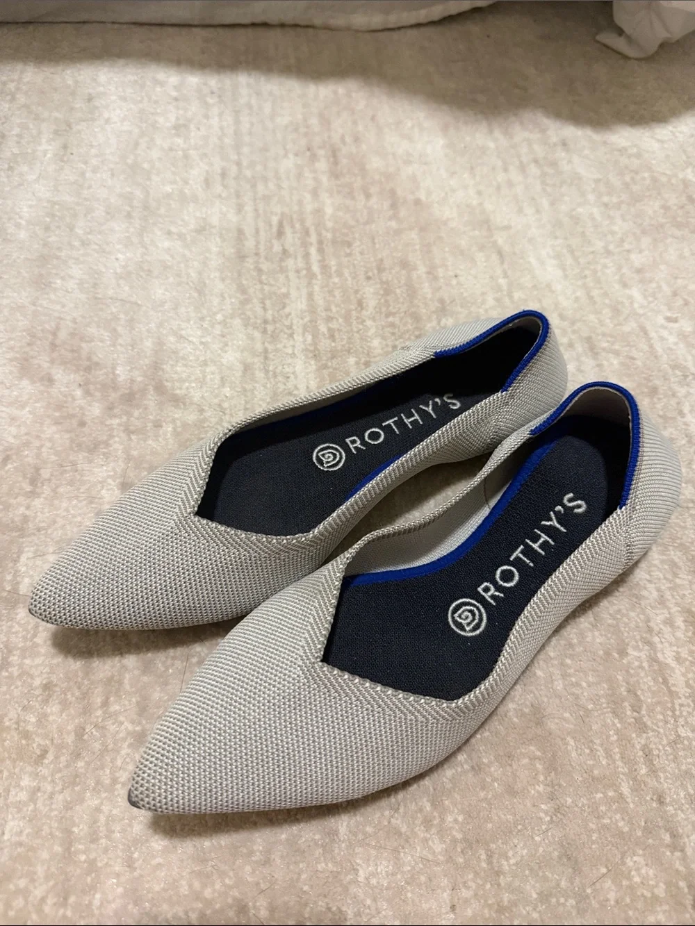 Rothy's Pointed Slip-On Flats in Light Gray with Blue Trim